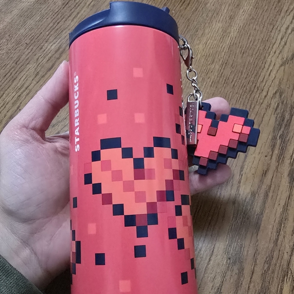 Starbucks Red Pixel Heart Tumbler with Keychain
